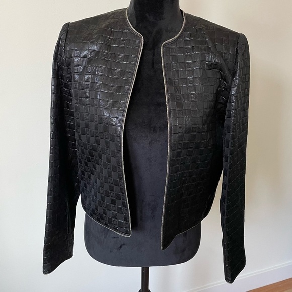 Louis Feraud Paris Black Lurex Metallic Square Print Silver Trim Open Jacket 40